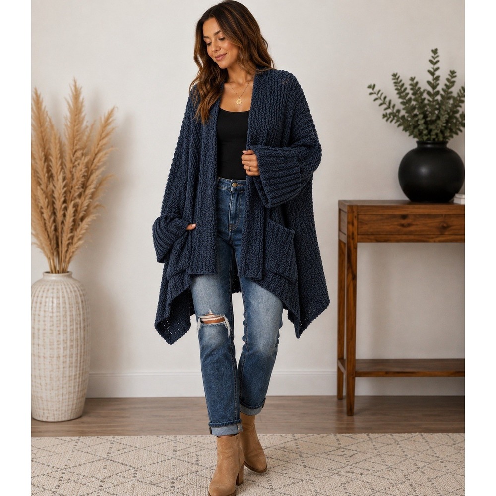 POL L Chenille Cardigan Oversized Navy Open Front Draped Boho Chunky Knit